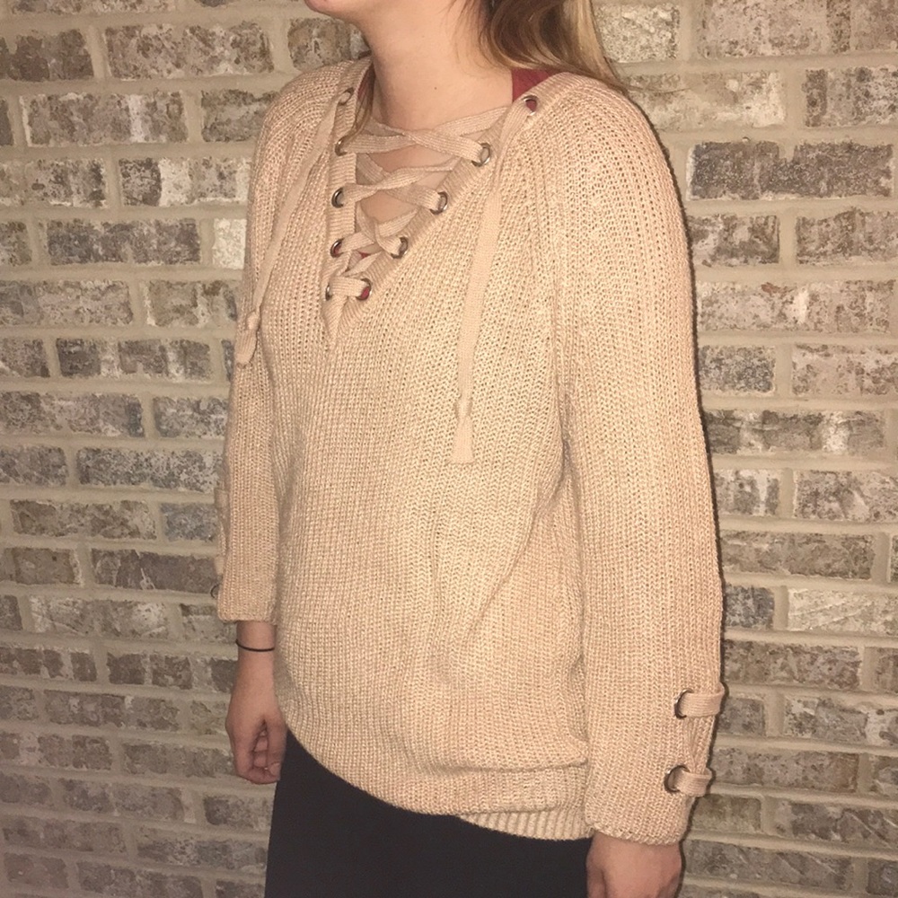 tan lace up sweater